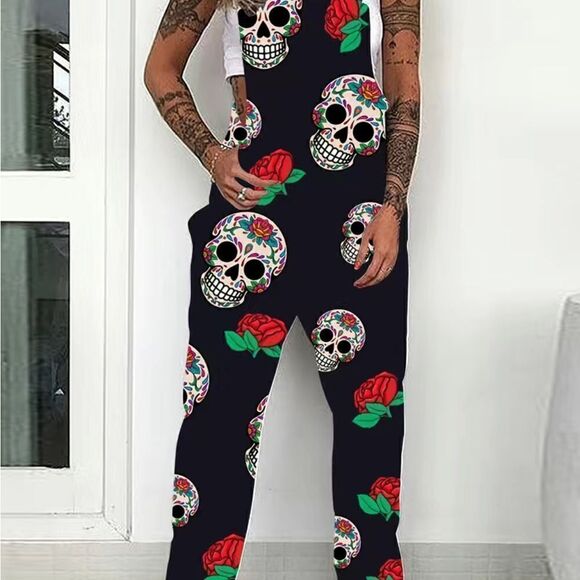 Lightweight skull,overalls with tie shoulders front pocket silky feel for summer - Picture 7 of 8
